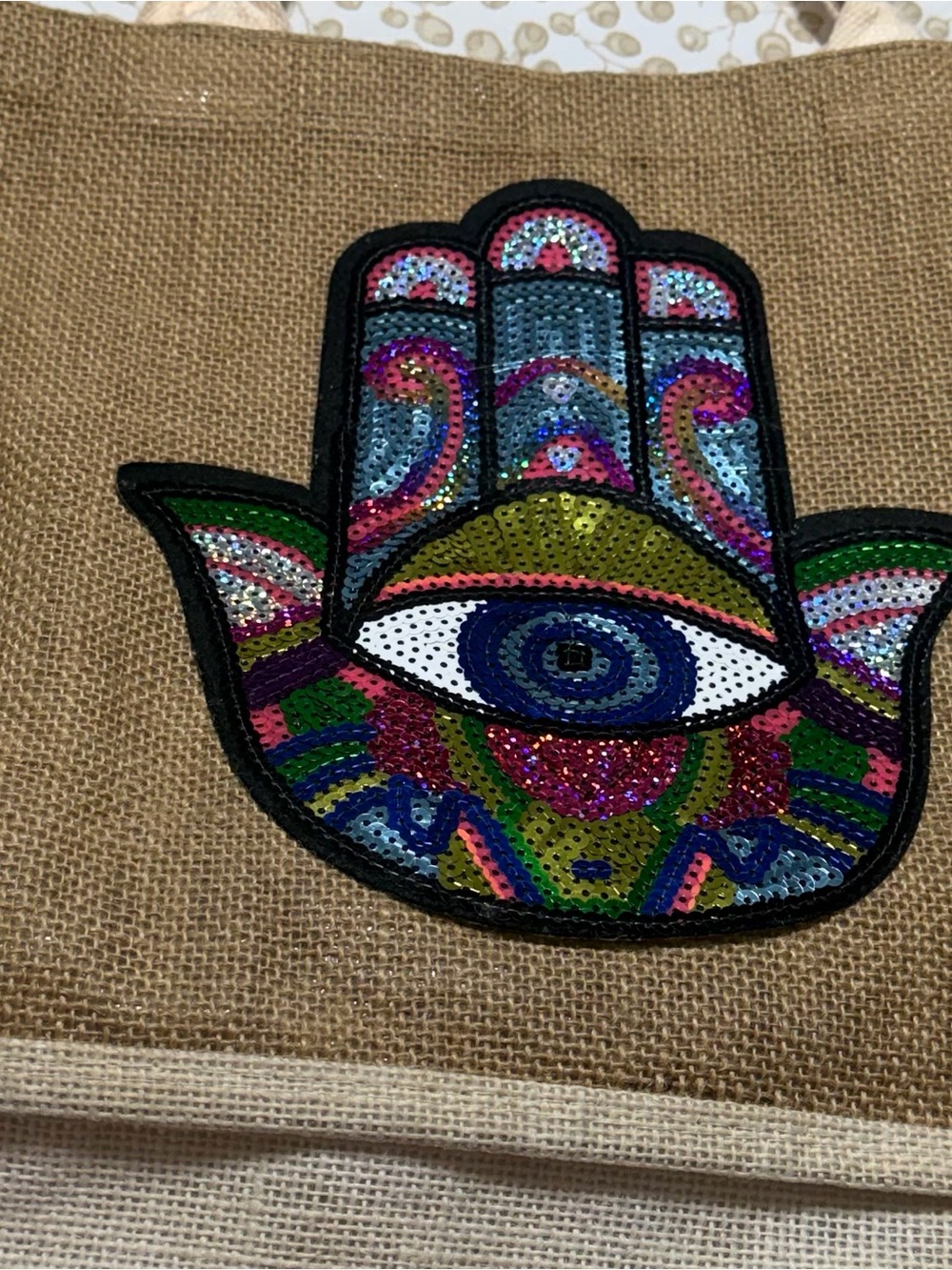 Embroidered Hamsa Eye Sequin Tote Bag in Natural